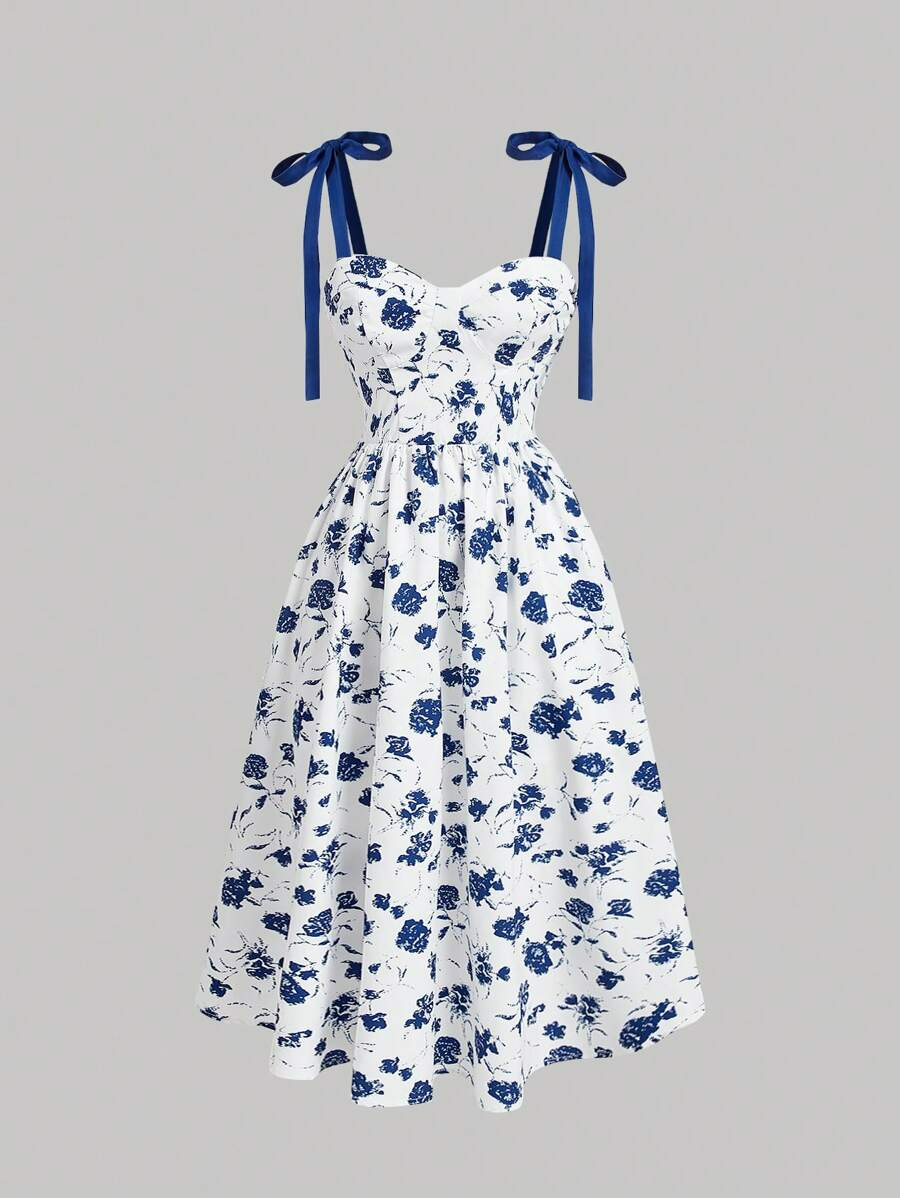 Elina — Robe Midi Fleurie à Bretelles Nouées
