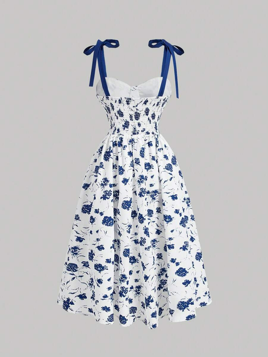 Elina — Robe Midi Fleurie à Bretelles Nouées