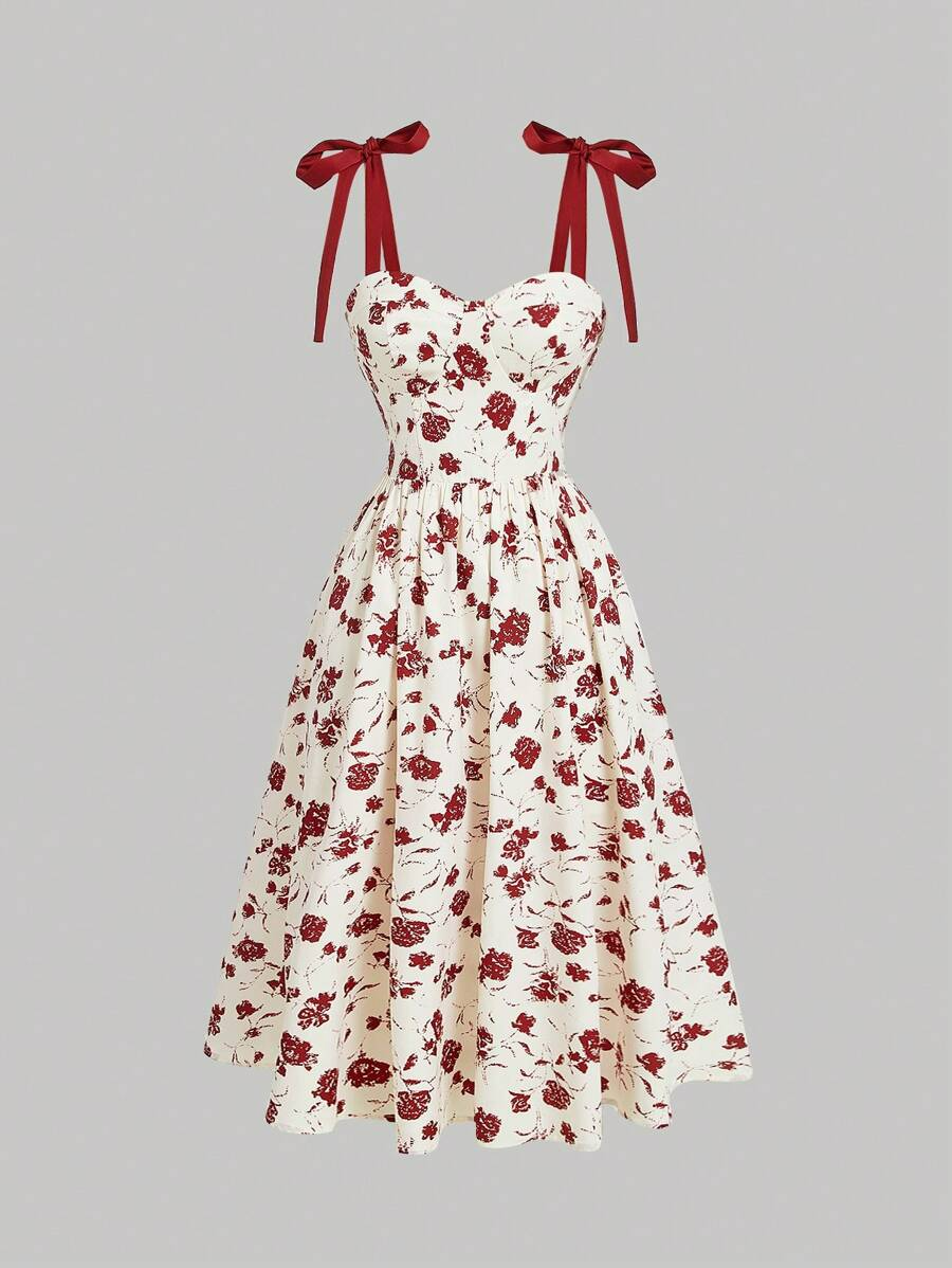 Elina — Robe Midi Fleurie à Bretelles Nouées