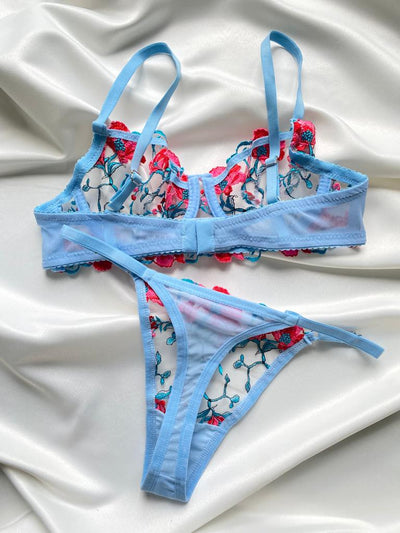 Ensemble Lingerie Fleuri Bleu Ciel-Rouge A-133