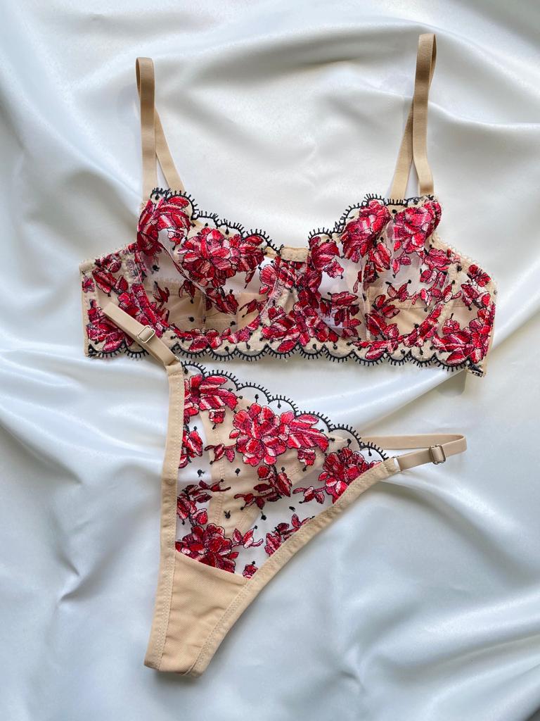 Red Floral Lingerie Set A-133