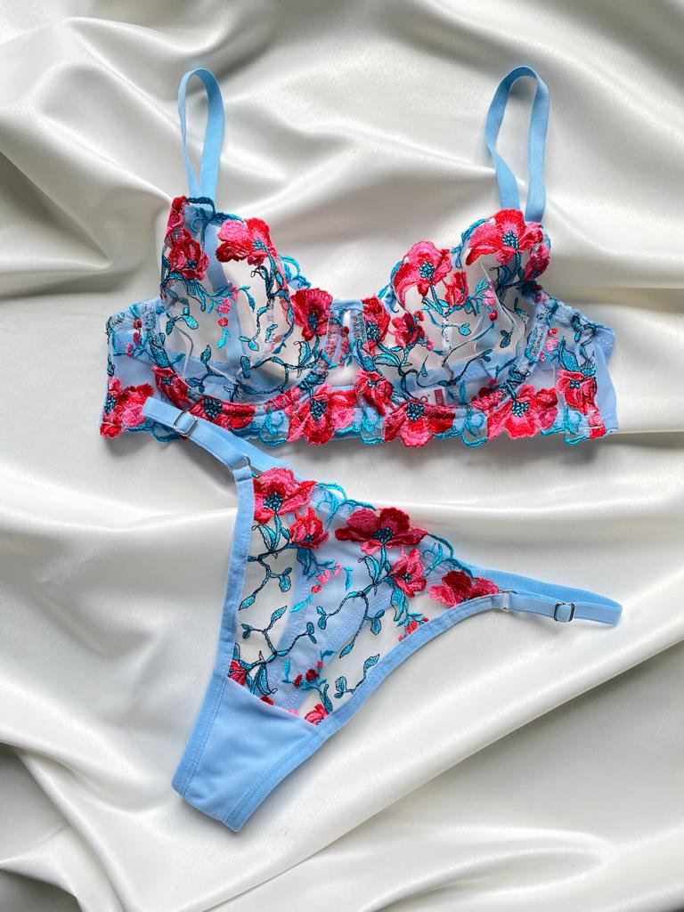 Ensemble Lingerie Fleuri Bleu Ciel-Rouge A-133