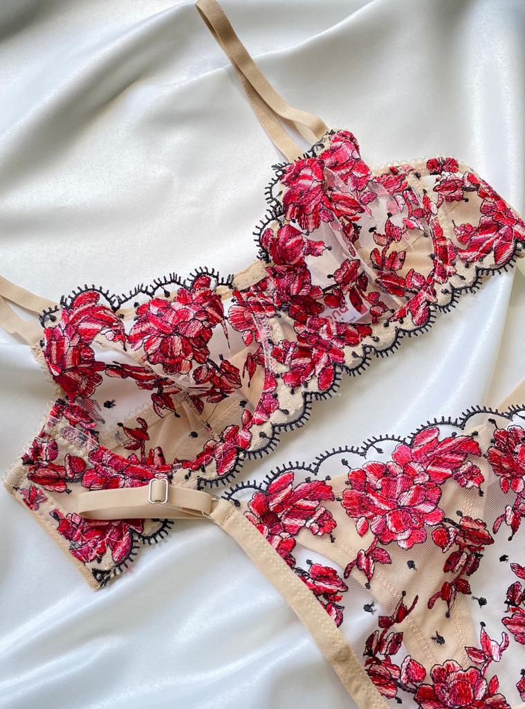 Red Floral Lingerie Set A-133